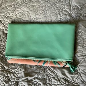Large, reversible, folding tropical Rachel Pally clutch, teal & peach